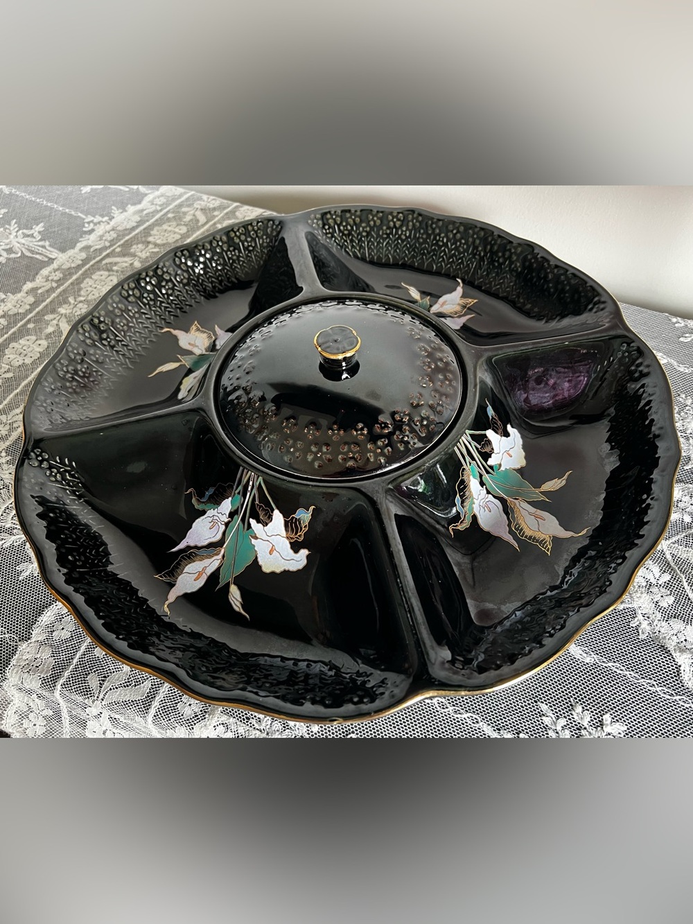 Vintage Mid Century Black Ceramic Divided Serving Platter with Center Lid Japan